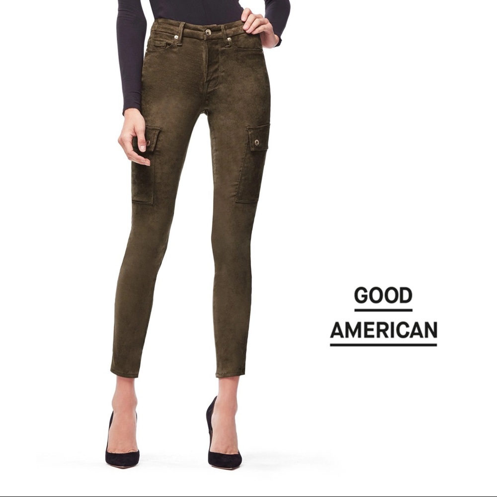 Good American Olive Green Suede Cargo Pocket Pants